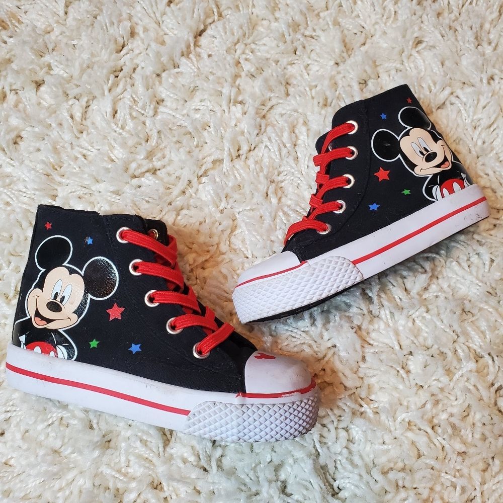 Disney Boys Mickey Mouse Canvas Side Zip Pull On No Tie Hi Top Sneakers - Size 8